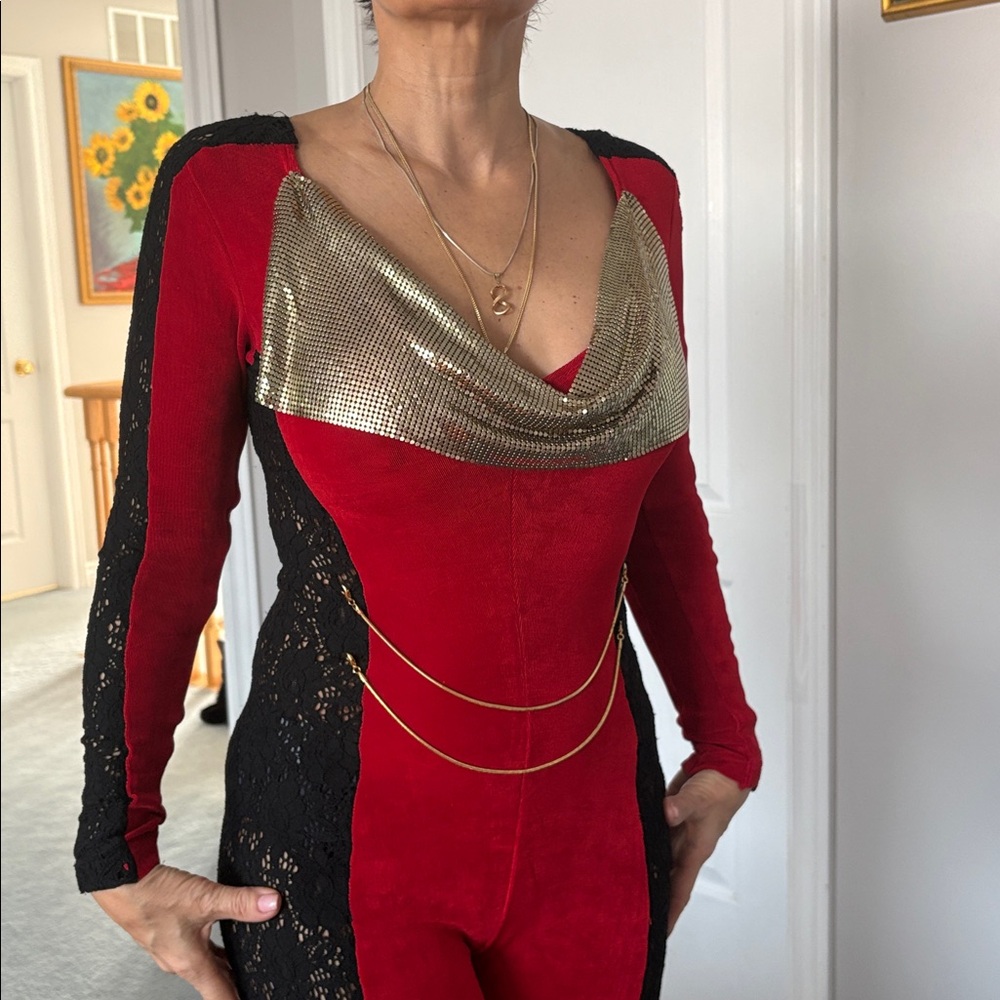 Red and Black Jumpsuit with Gold Accents